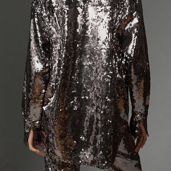 Anthropologie Good American Sequin Party Buttondown Shirt S carbon color nwt - Picture 6 of 11